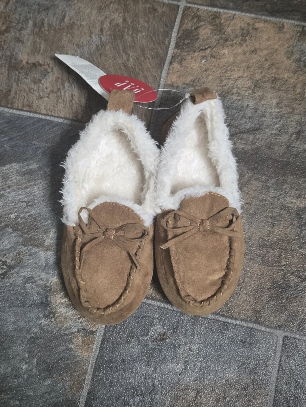 NWT Gap Kids Moccasin Slippers with Faux-Fur Lining - Brown, SIZE 10/11T